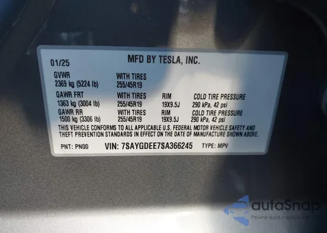 2025 Tesla Model Y Long Range Dual Motor All-Wheel Drive from USA, damaged, VIN 7SAYGDEE7SA366245